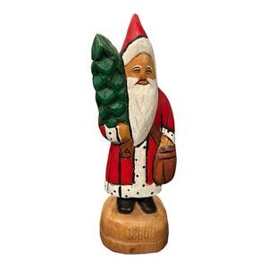 Vintage Folk Art Santa's Figure Carved Wood Wooden Painted Holding a Tree‎ 1880